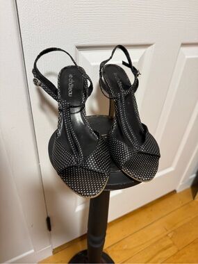 le chateau Black Polka Dot T-Strap Heel Sandals